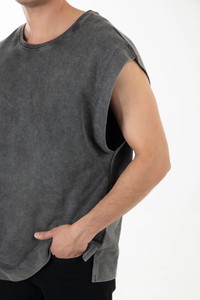 Débardeur pour homme à manches courtes, col rond, coupe classique, 100% coton jersey, gris uni, vêtement décontracté, séchage rapide, finition lavée, Whiteaura - Product Image 2