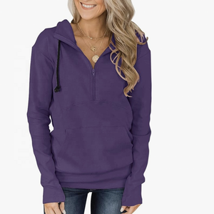 <b>Women's</b> Casual Solid Knitted Long Sleeve Pullover Hoodies <b>Quarter</b> <b>Zip</b> Sweatshirts Pocket Custom Brand Logo Printed - Product Image 4