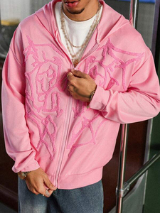 Sudadera con capucha para hombre con apliques de chenilla estilo grafiti, oversize, con cremallera completa, de felpa de algodón rosa, estilo urbano, para otoño e invierno, proveedor de marca privada - Product Image 3