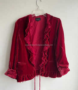 Blazer vintage rouge bordeaux en velours avec franges en soie, à nouer devant, manches longues, doublure, col en V, veste de fête formelle - Product Image 1