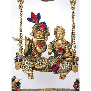 Statue de 29 pouces en laiton de Radha-Krishna sur balançoire Kirtimukha avec incrustation et sculpture de cloches pour cadeaux et temple - Product Image 2