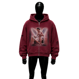 Sweat à capuche zippé moderne avec motif ange bordeaux, en polaire confortable de couleur bordeaux, de qualité supérieure, style urbain unique, design artistique saisissant - Product Image 1
