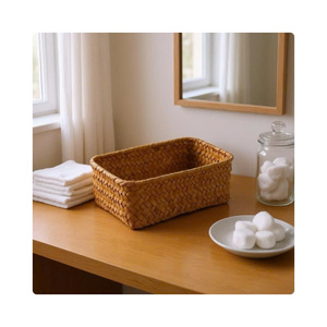 Premium Cattail Basket Biodegradable Woven Storage Bin Iron Frame Open Closet Organizer Bulk Wholesale Export Price Base - Product Image 1