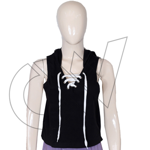 CAREWEAR SPORTS Camiseta sin mangas con capucha para mujer, negra, con cordones blancos en la parte delantera, informal, para verano, transpirable, antiarrugas, de punto - Product Image 1