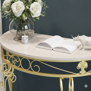 Elegante Mesa Consola con Decoración Dorada – Mesa de Entrada de Metal de Inspiración Vintage con Superficie Estilo Mármol Blanco - Product Image 3