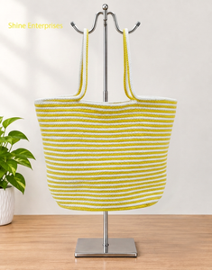 Handcrafted yellow & white braided cotton rope <b>tote</b> <b>bag</b> with durable handles perfect for beach <b>bags</b> with cotton linings & <b>zipper</b> - Product Image 1