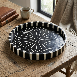 Customized Black Floral Bone Inlay Circular Tray Artisanal Tabletop Organizer for Living Room Decor - Product Image 5