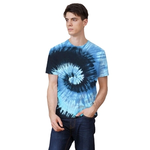 Camiseta de Manga Corta con Cuello Redondo y Estampado Tie-Dye para Hombre y Mujer, Informal, Tejida, 100% Algodón, Transpirable, Corte Regular, Diseño Azul Estampado - Product Image 4