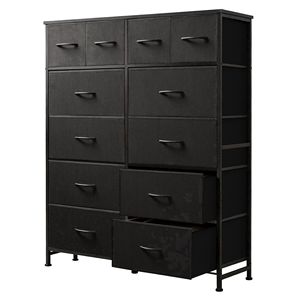 Commode haute avec 12 tiroirs, plateau en bois massif, structure en acier, organisateur de rangement pour salon, couloir, bureau, noir - Product Image 1