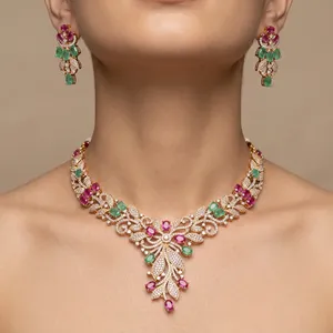 Collier de luxe en or rose avec zircone cubique, bijoux étincelants en CZ pour mariage, fiançailles et robes de soirée, vente en gros - Product Image 1