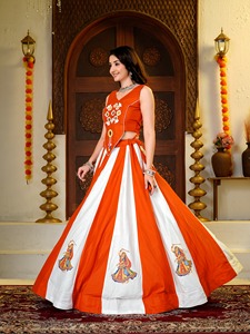 Lehenga Choli traditionnel indien pour femmes, orange et blanc rayé, brodé, robe de mariée en coton longue pour danseuses - Product Image 6