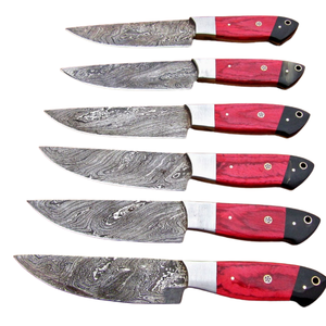 Custom Handmade Damascus Steel Kitchen Knives Set of 6 with Red <b>Wooden</b> Handles Professional Chef Cooking <b>Slicing</b> Cutting Knife - Product Image 3