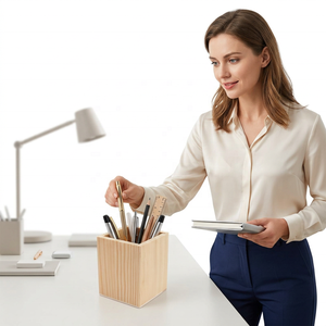 Eco-Friendly Wooden Multi-Function Pen Holder 8x8x10cm Natural Finish <b>Desk</b> Organizer by the Handmade Collection - Product Image 1