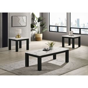 Set di 3 Tavoli da Soggiorno in Legno con Piano in Finto Marmo Bianco e Nero, Include Tavolino da Cocktail e Due Tavolini Abbinati - Product Image 1