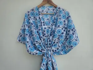 Vestido Kaftan Azul Cielo con Estampado de Bloques para Mujer, Cuello en V, Estilo Boho, Algodón, Cómodo, Holgado, Vestido Largo de Verano - Product Image 3