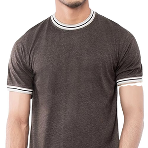 Men Dark Brown Contrast Rib <b>Collar</b> <b>T</b> <b>Shirt</b> Stylish Solid Crew Neck Short Sleeve Casual Summer Wear Comfortable Regular Fit Tee - Product Image 2