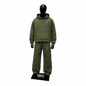 Conjunto Deportivo para Hombre, Color Verde Oliva, con Capucha, Corte Holgado, Informal, Sudadera y Pantalones de Algodón, Ropa de Otoño, Estilo Urbano - Product Image 1