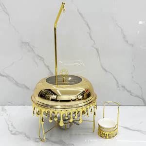 ถาดอุ่นอาหารบุฟเฟ่ต์ทรงกลมหรูหรา สแตนเลสสีทอง พร้อมขาตั้งทรงเสาประดับตกแต่งอย่างสวยงาม ฝาแก้ว เหมาะสำหรับงานแต่งงานและจัดเลี้ยง - Product Image 2