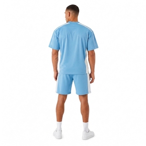 <b>Men's</b> Light Blue Color Blocking Crew Neck T-Shirt <b>Set</b> Casual Summer Wear Breathable Knitted Polyester Cotton <b>Shorts</b> <b>and</b> <b>Top</b> - Product Image 2