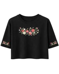 Camiseta Corta para Mujer, Color Negro, Bordado Floral, Manga Corta, Informal, Mezcla de Algodón Suave, Top de Verano para Mujer, Venta al Por Mayor - Product Image 2