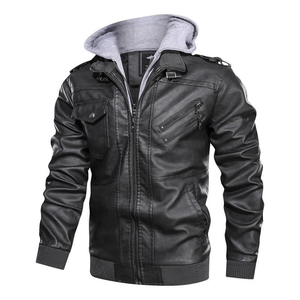 Factory Wholesale Fashion Men Racer Motorcycle <b>Leather</b> <b>Jacket</b> Plus Size Hooded <b>Jacket</b> Breathable Zipper Stand <b>Brown</b> Black - Product Image 5