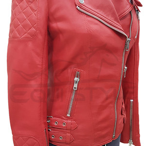 <b>Womens</b> Red Leather <b>Jacket</b> For <b>Women</b> Quilted Shoulder Panels Asymmetric Zip Long Sleeves Biker <b>Winter</b> Fashion <b>Waterproof</b> - Product Image 3