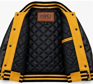 แจ็คเก็ตวาร์ซิตี้สีเหลืองสำหรับผู้ชาย แบรนด์ INDEX แขนเสื้อหนัง PU สีดำ ปักโลโก้ ปกคอเสื้อพับได้ ติดกระดุม ใส่ได้ในช่วงฤดูใบไม้ร่วง - Product Image 5