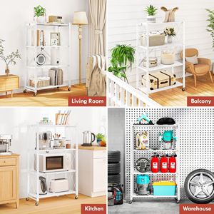 Étagères de garage, étagère de rangement pliable à 4 niveaux avec roulettes, unité d'étagère métallique pliable pour cuisine, sous-sol, blanc - Product Image 3