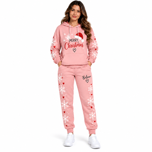 Ensemble de survêtement de Noël pour femme de haute qualité, imprimé graphique, sweat à capuche et pantalon de jogging, couleur unie, personnalisé, pour les fêtes - Product Image 1