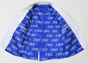 เสื้อเบลเซอร์สีขาวทรงดับเบิ้ลเบรสต์ ตราสัญลักษณ์สีน้ำเงิน ตัวอักษร ZOB ปกคอเว้า แขนยาว ติดกระดุม ระบายอากาศได้ดี สำหรับสตรีในสมาคมนักศึกษาหญิง Zeta Phi Beta - Product Image 2