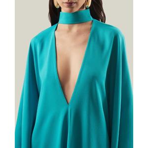 Elegant Teal Satin Sheath A-Line Gown V-Neck Three Quarter Sleeve Ankle-Length Side Slit <b>Cloak</b> Party Evening Dress 100% Cotton - Product Image 5