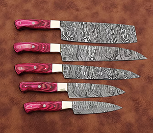Ensemble de cuisine 5 pièces en acier Damas fait main, manches en bois d'olivier, ambidextre, étui en cuir véritable, couteau de chef, couteau à pain, couteau à steak, couteau à fruits - Product Image 1
