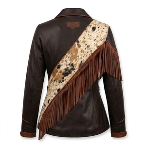Piping Edge Notch Lapel Womens Genuine Leather <b>Jacket</b> Natural Cowhide Fur Heavy <b>Fringe</b> Diagonal Striped Blazer - Product Image 2