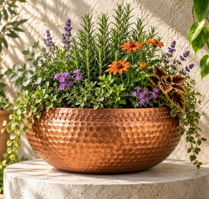 Handmade Rustic Metal Planter Round Copper <b>Vase</b> For Tabletop Floral Display Dotted border metal planter ornamental beaded edge - Product Image 2