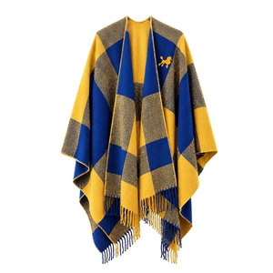 Sigma Gamma Rho Sorority Women Blue & Gold Checkered Cape Shawl Cardigan Casual 100% <b>Acrylic</b> Winter Warm Daily Wear Scarf - Product Image 4