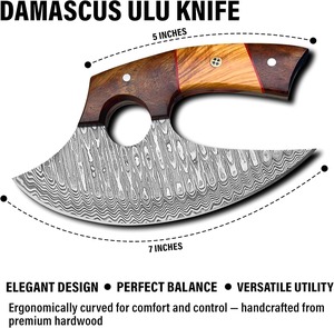 Cuchillo Ulu de Damasco hecho a mano con funda de cuero - Cuchillo de espiga completa - Mango de madera - Picador de verduras y picador de pizza - Product Image 3