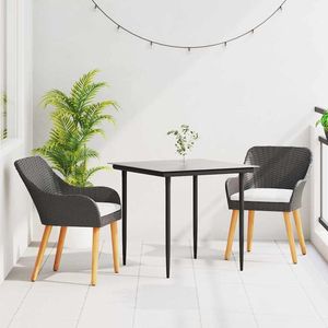 Set da pranzo da giardino in polyrattan nero a 3 pezzi con cuscini, mobili da esterno in stile contemporaneo, struttura in acciaio, gambe in legno massello - Product Image 1
