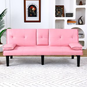 67-Inch Pink PVC Multi-Functional <b>Sofa</b> <b>Bed</b> with Foldable Cup Holder Extremely Convenient to Turn Into a <b>Bed</b> - Product Image 3