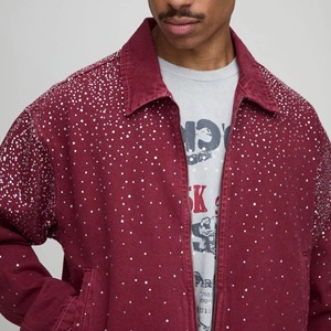 Men's Maroon Denim <b>Jacket</b> With <b>Sequined</b> Dot Pattern Loose Fit Zipper Closure Casual Style Autumn Wear - Product Image 6