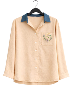 Conjunto de dos piezas para mujer, camisa beige y pantalones anchos azules, conjunto informal de algodón y lino, ropa de verano con bolsillo bordado - Product Image 1