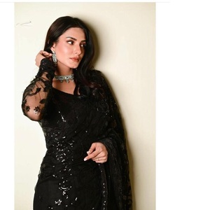 Nouvelle collection de saris noirs en soie de coton doux avec manches complètes vêtements de mariage pour femmes filles vêtements indiens et pakistanais - Product Image 1