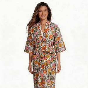 Bata Kimono de Algodón con Estampado Floral para Mujer, Cuello en V, Manga Tres Cuartos, Estilo Casual para Primavera, Tejido Suave, Lavado a Mano - Product Image 3