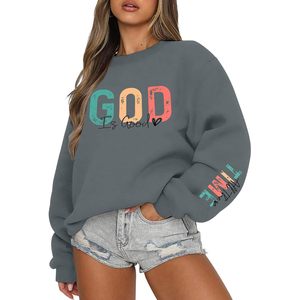 เสื้อสเวตเชิ้ตคอกลมโอเวอร์ไซส์สำหรับผู้หญิง พิมพ์ลายตัวอักษร God Is Good ผ้าคอตตอนผสม ทรงหลวม ไหล่ตก แขนยาว เหมาะสำหรับใส่ในฤดูใบไม้ร่วง - Product Image 1