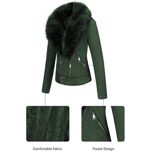 Veste moto en similicuir vert pour femme avec col en fourrure de renard, fermeture éclair, manches longues, style hiver, en cuir de vache véritable pour femme - Product Image 3