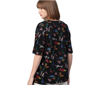 T-shirt décontracté noir à imprimé lettres pour femme, manches courtes, col rond, coupe ample, en polyester tricoté, pour toutes les saisons - Product Image 3