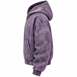 Veste à capuche en denim violet avec motif nuage perlé, style streetwear unisexe, fermeture éclair, automne - Product Image 3