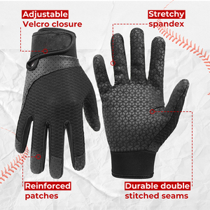 ถุงมือตีเบสบอลสีดำ พร้อมแผ่นรองฝ่ามือแบบ Hex Grip ผ้าถักโพลีเอสเตอร์ระบายอากาศได้ดี ปิดด้วยแถบตีนตุ๊กแก สำหรับผู้ใหญ่ทุกเพศ เหมาะสำหรับการฝึกซ้อม - Product Image 2
