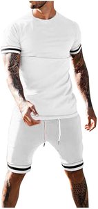 Ensemble T-shirt et short en coton tricoté à manches courtes et col rond blanc pour homme, décontracté, respirant, pour l'été - Product Image 5