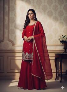 Ensemble de costume Sharara brodé rouge pour femmes avec dupatta |   Vêtements ethniques de créateurs pour mariages et fêtes - Product Image 2