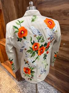 Costume de smoking beige brodé pour homme avec motif d'oiseaux et de fleurs – Blazer de cérémonie pour marié, costume 3 pièces - Product Image 2